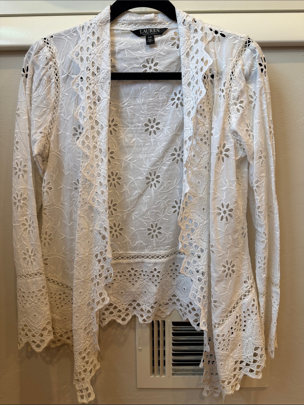 Lauren Ralph Lauren White Eyelet Lace Open-Front Jacket